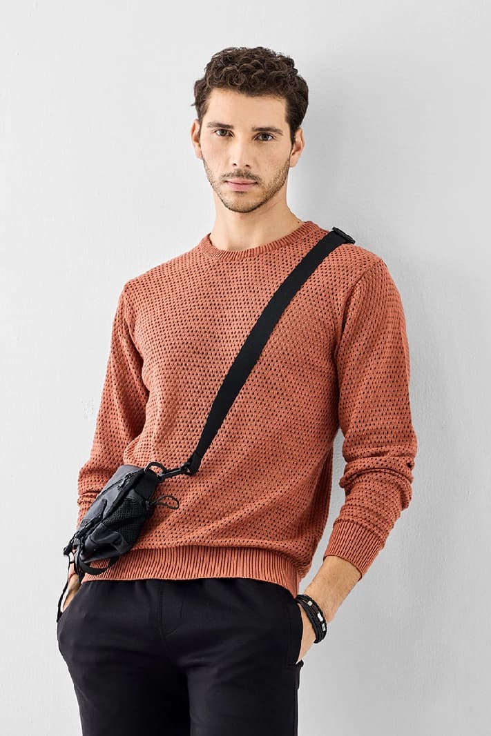 Men's Orange Casual Self-Design Regular Fit Sweater