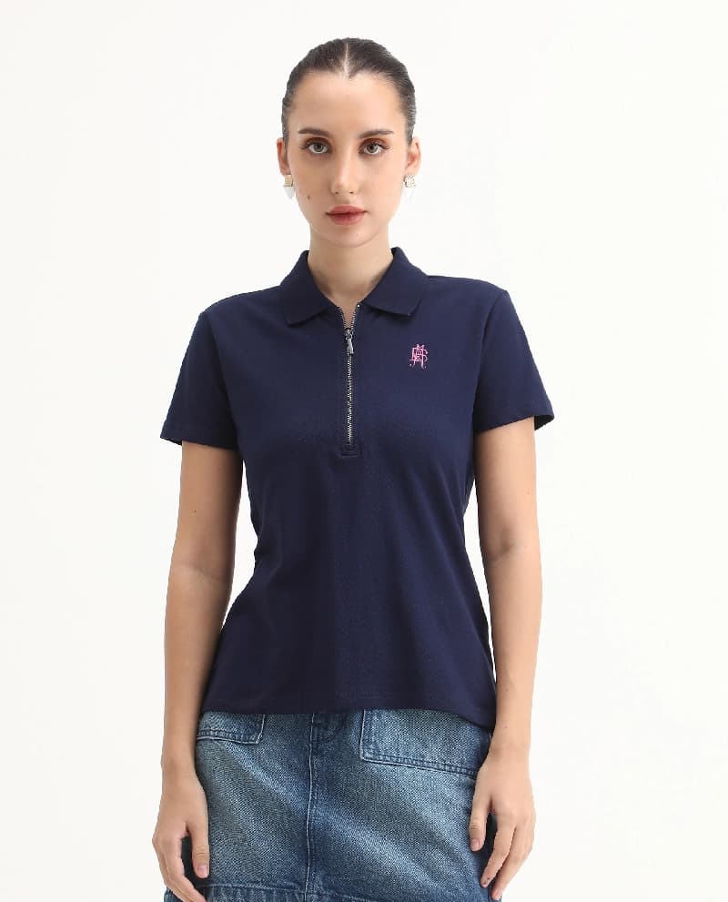 Women's Navy Casual Solid Regular Fit Polo Tshirt