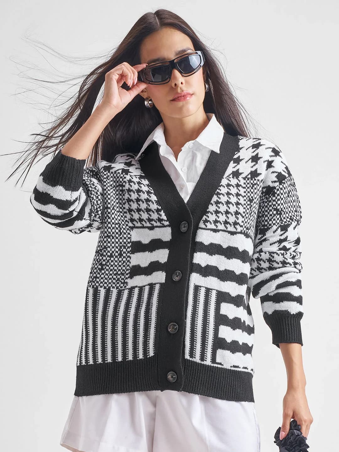 Women's Black Casual Self-Design Oversized Fit Sweater