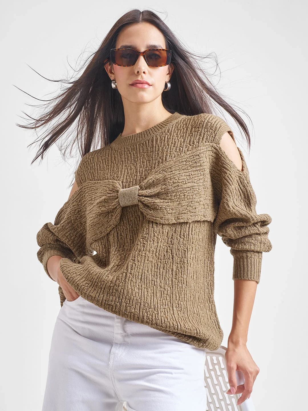 Women's Brown Casual Self-Design Oversized Fit Sweater