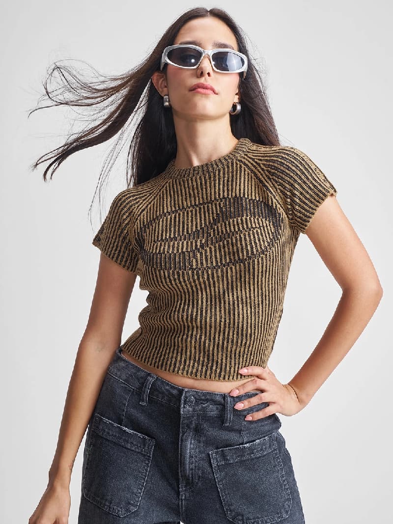 Women's Brown Casual Self-Design Oversized Fit Sweater