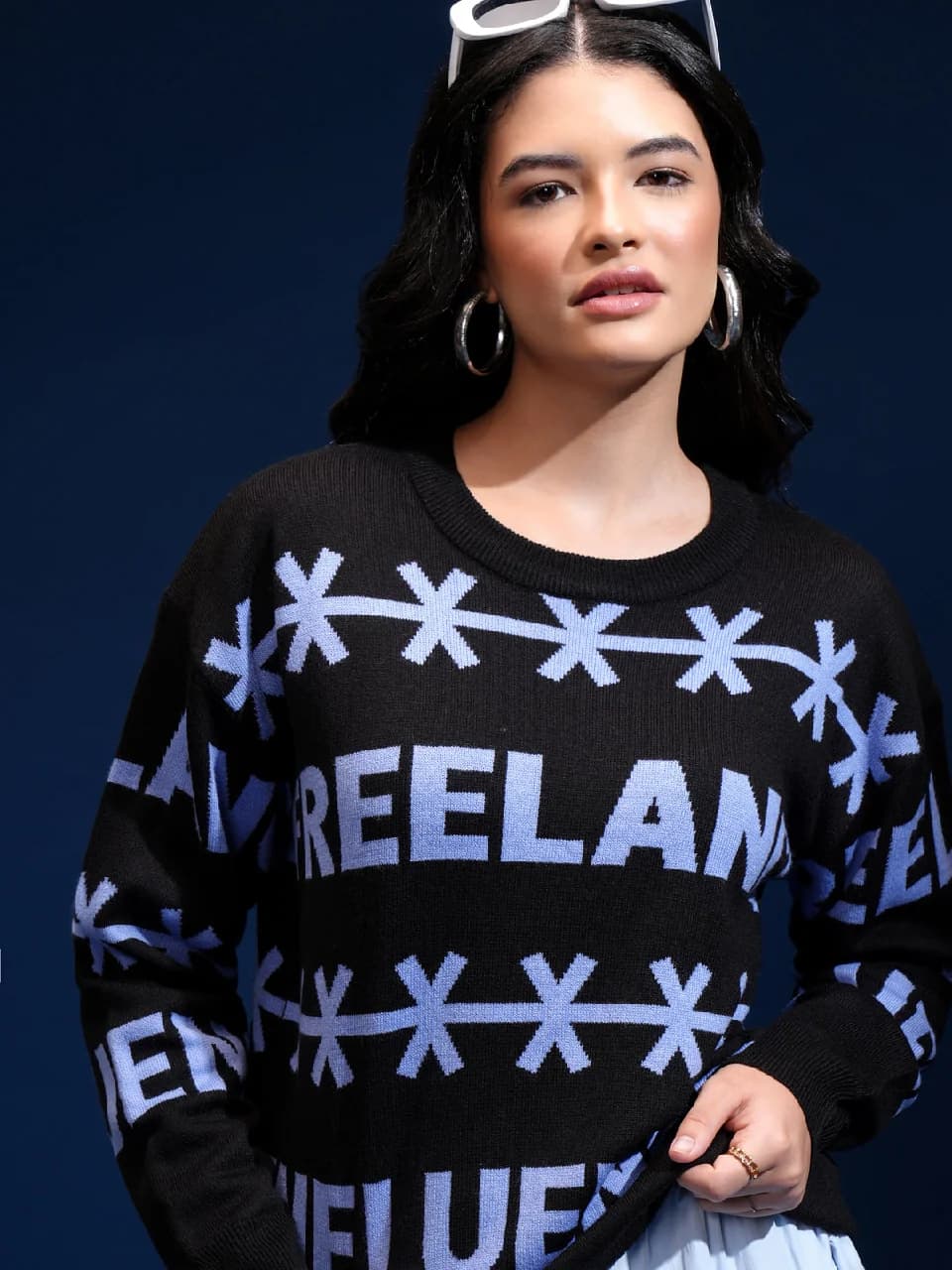 Women's Black Casual Self-Design Oversized Fit Sweater
