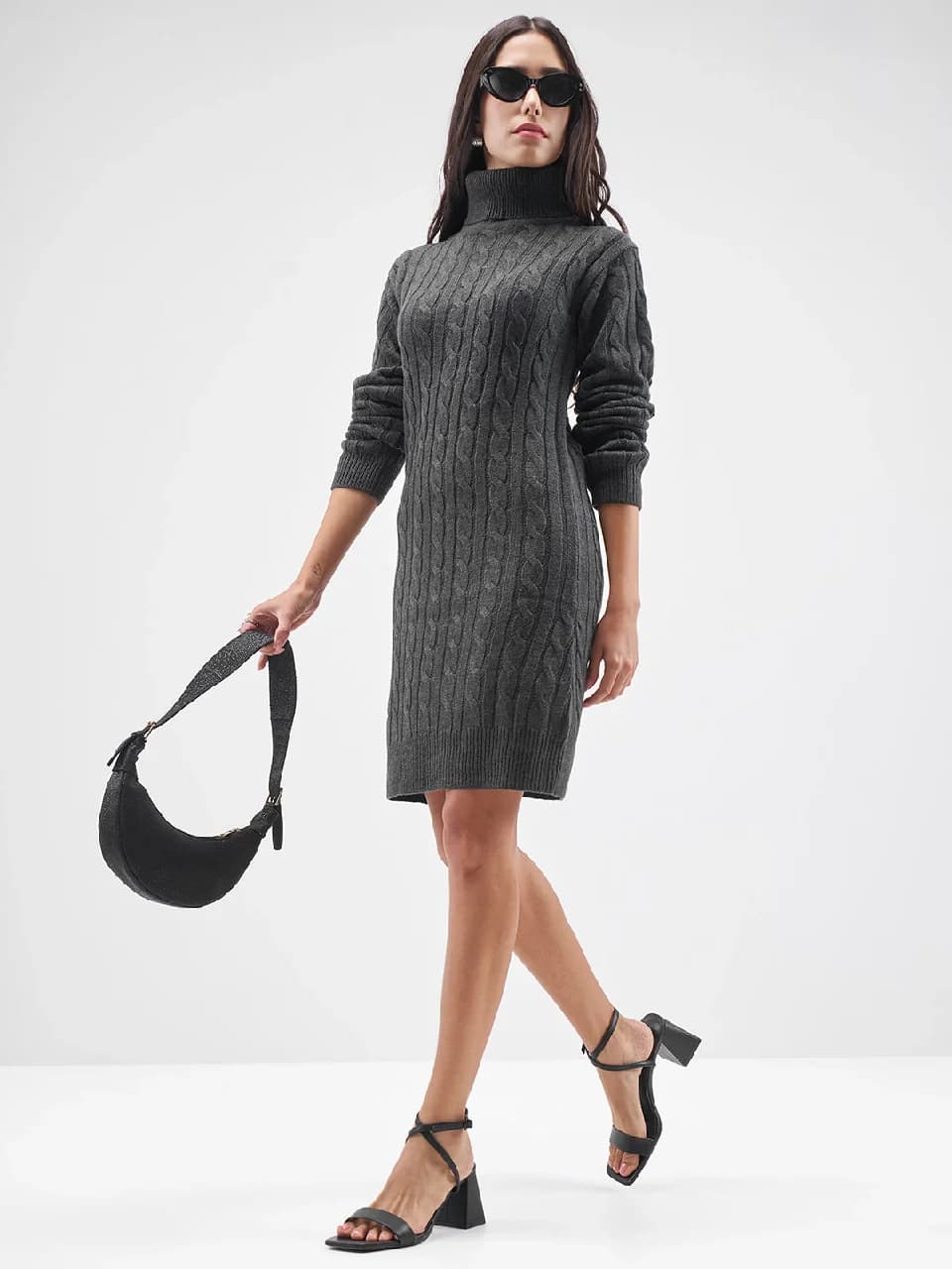 Women's Grey Casual Self-Design Regular Fit Sweater