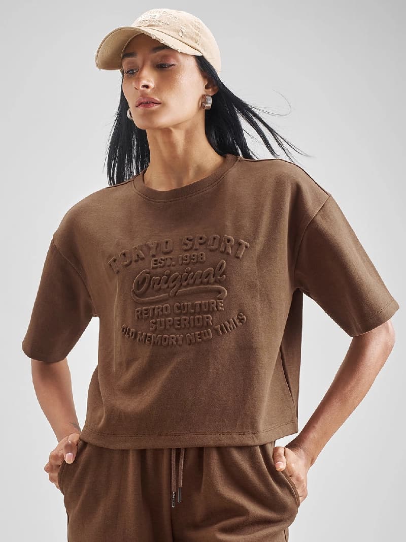 Women's Brown Casual Self-Design Oversized Fit Top