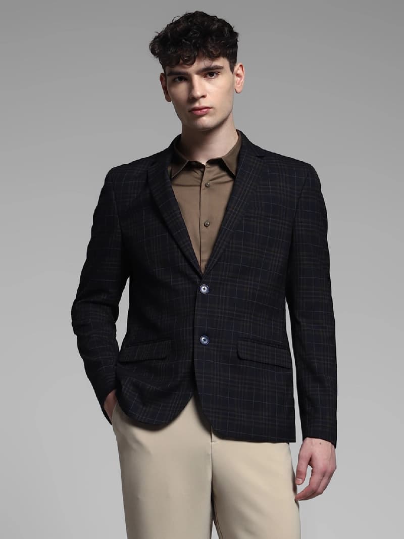 Men's Blue Casual Checked Slim Fit Blazer