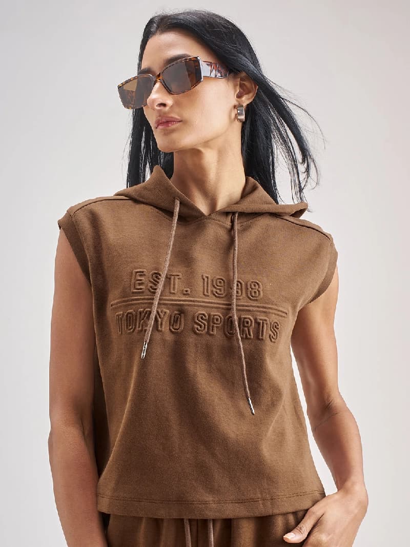 Women's Brown Casual Self-Design Oversized Fit Top