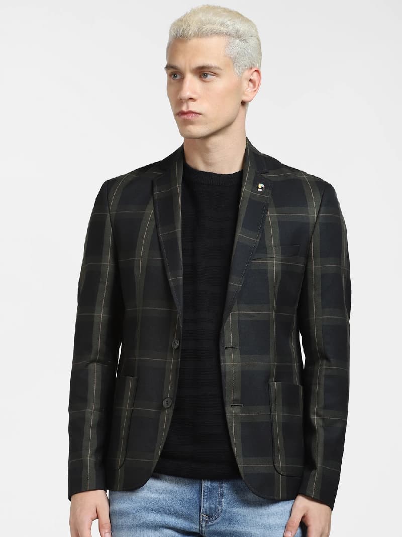 Men's Green Casual Checked Slim Fit Blazer