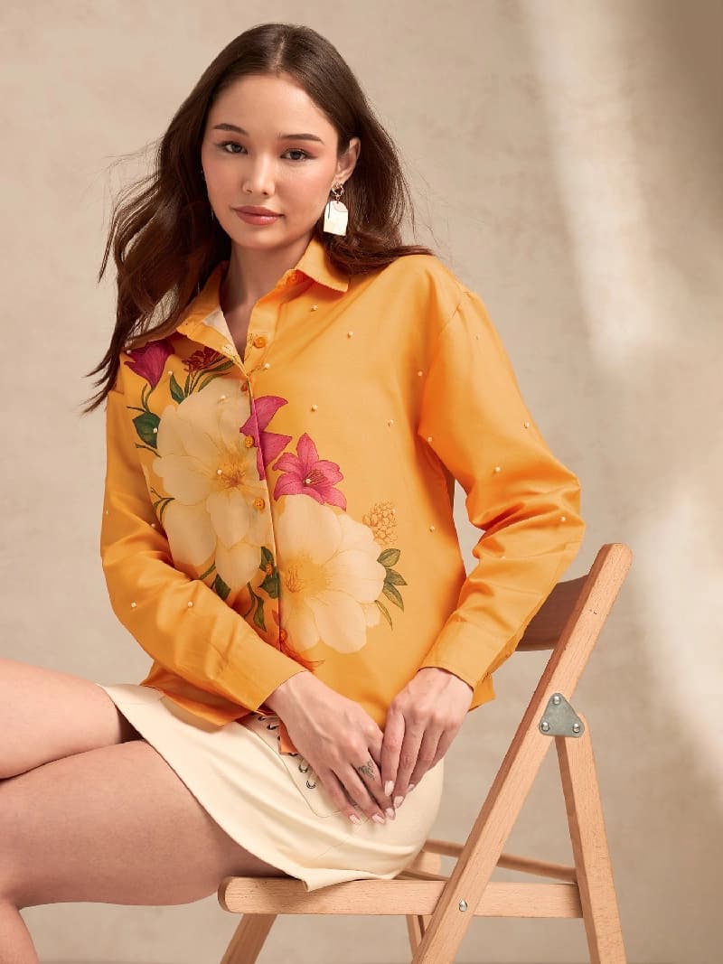 Women's Orange Casual Printed Oversized Fit Shirt