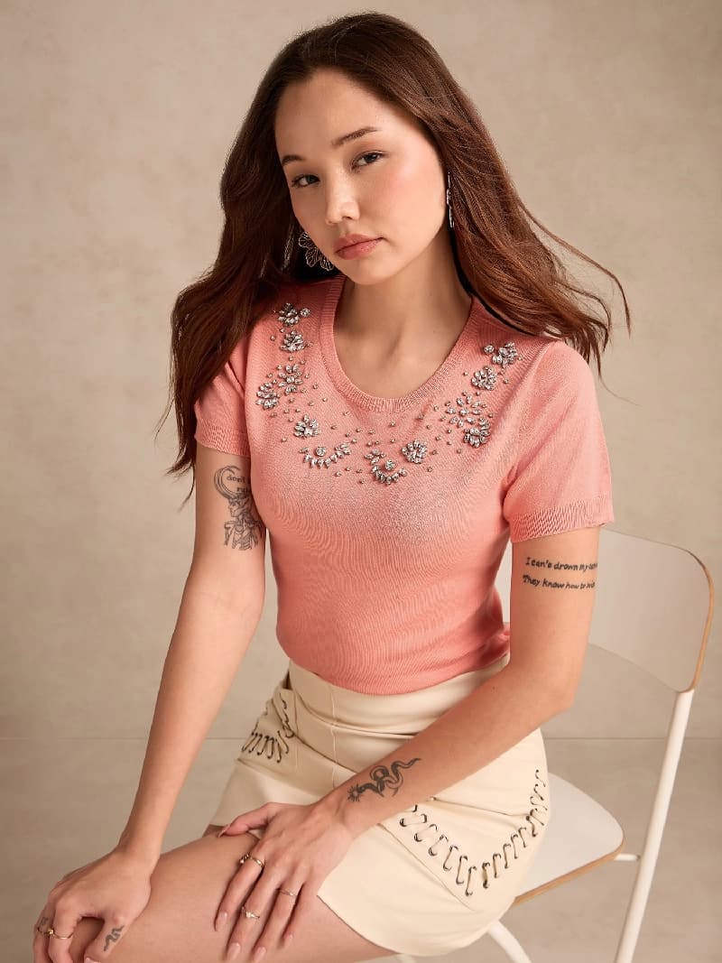 Women's Peach Relaxed Knittedstudded Top