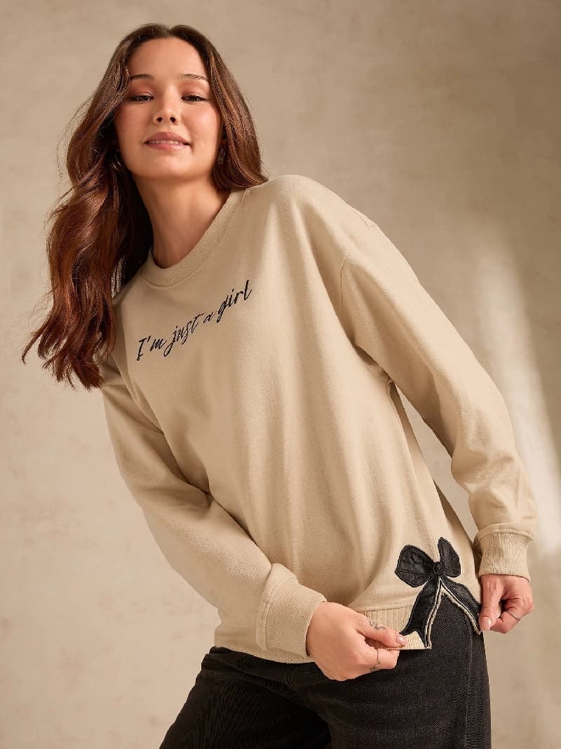 Women's Beige Casual Solid Regular Fit Sweatshirt
