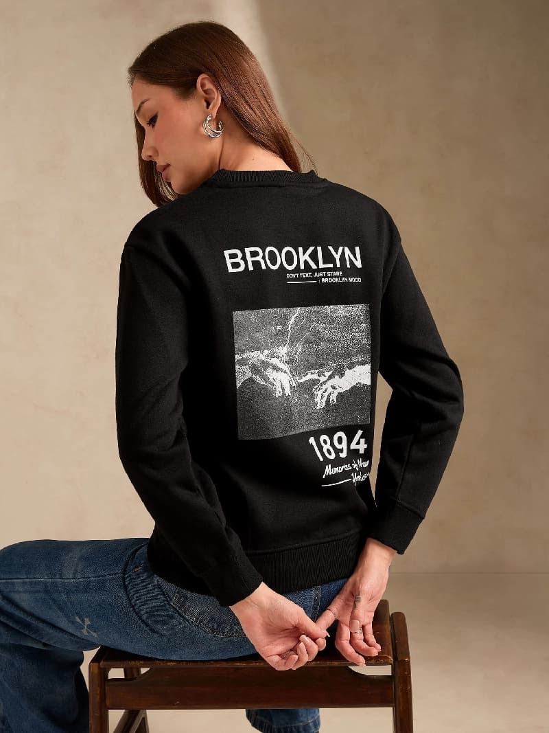 Women's Black Casual Graphic Oversized Fit Sweatshirt