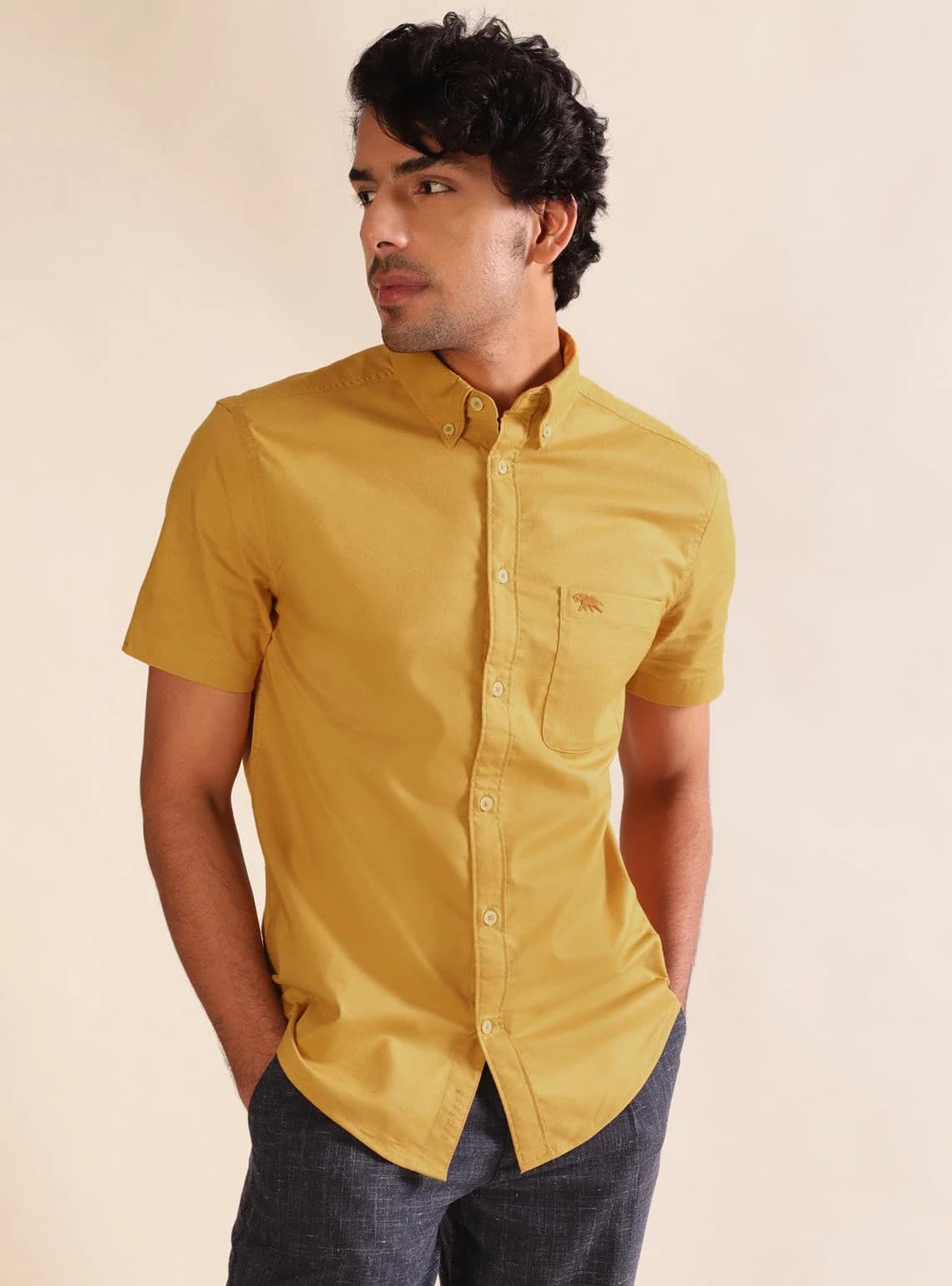 Men's Yellow Casual Solid Regular Fit Cotton Shirt