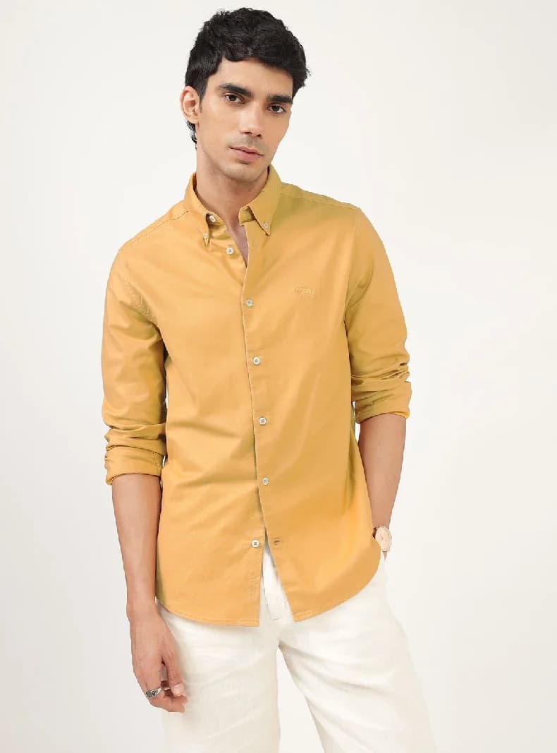 Men's Gold Casual Solid Slim Fit Cotton Shirt