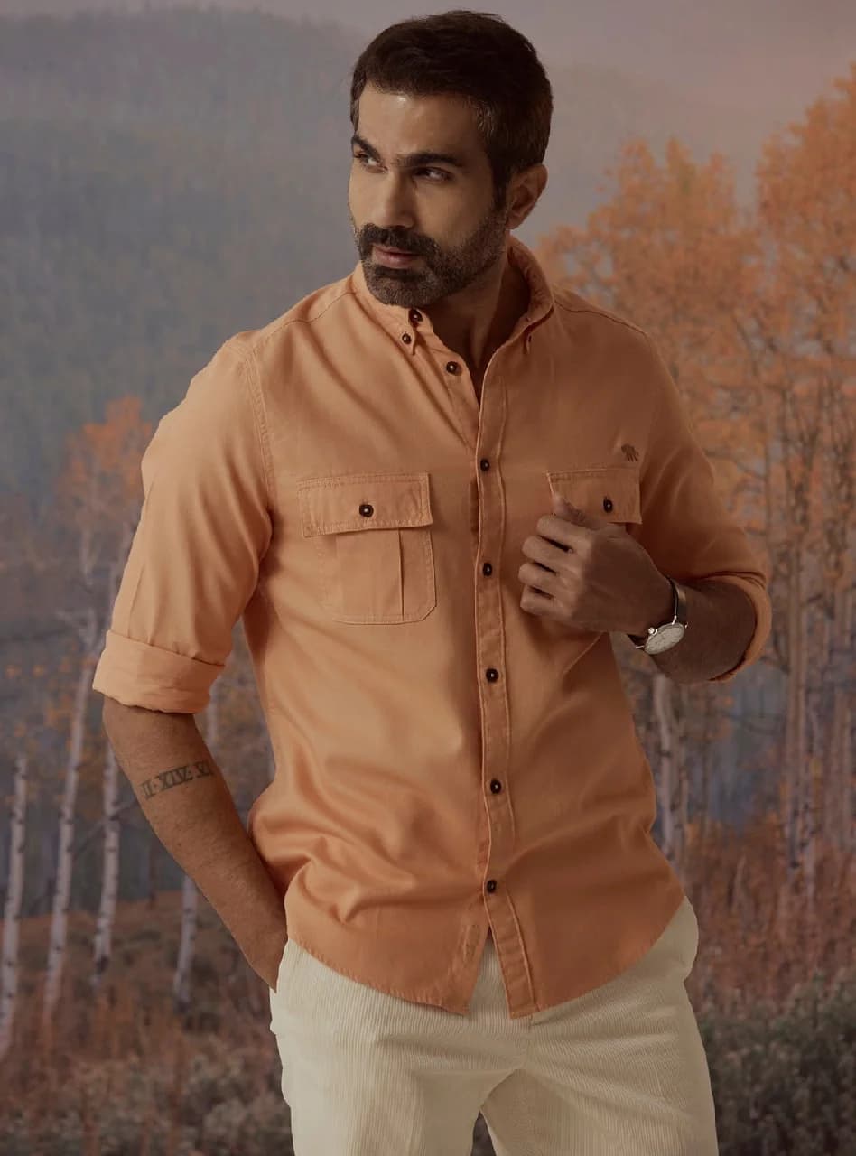 Men's Gold Casual Solid Slim Fit Cotton Shirt