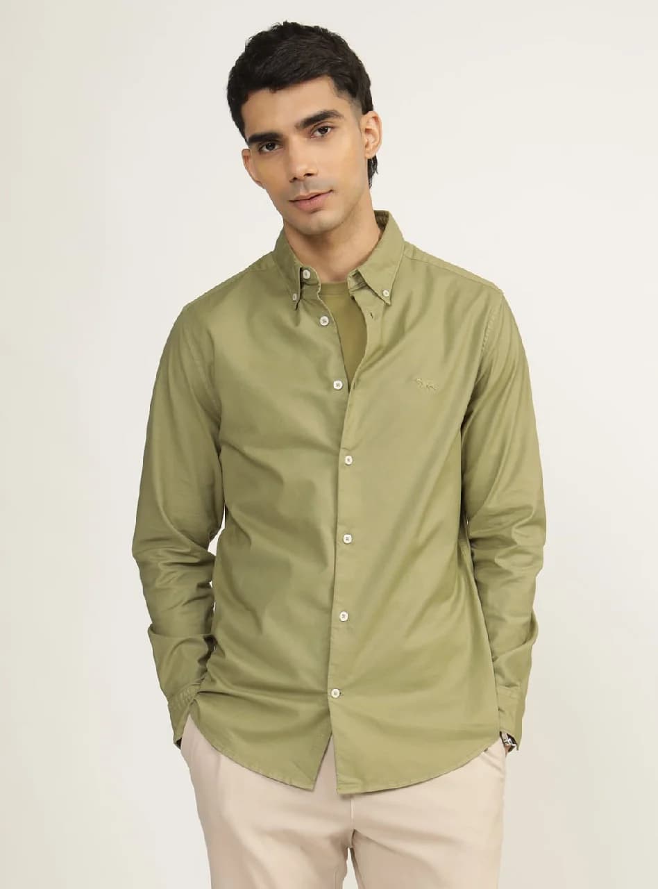 Men's Green Casual Solid Slim Fit Cotton Shirt