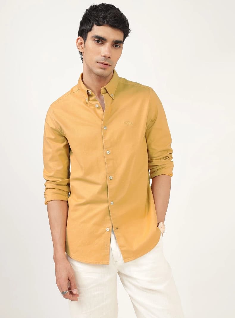 Men's Gold Casual Solid Regular Fit Shirt