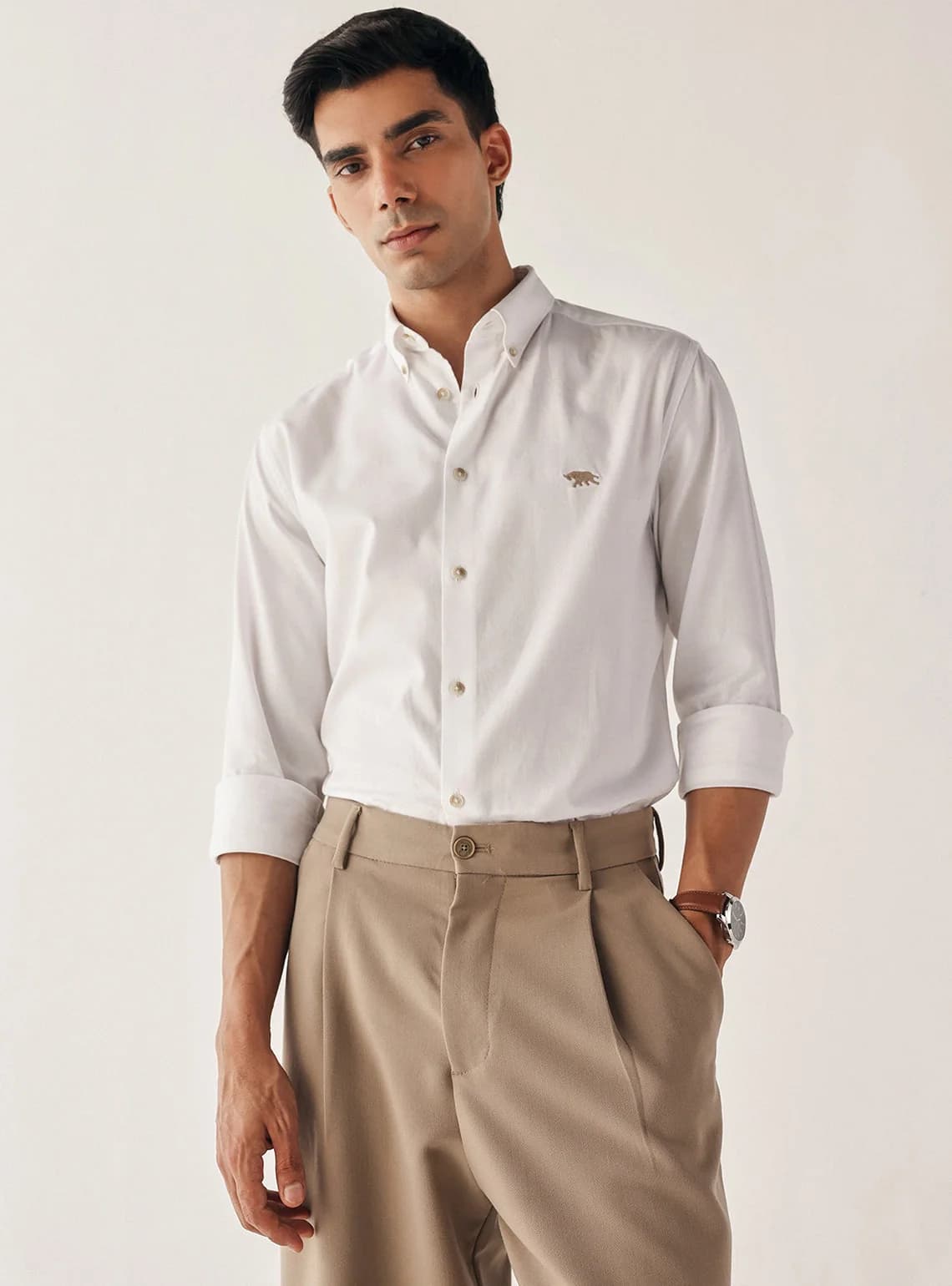 Men's White Casual Solid Slim Fit Cotton Shirt