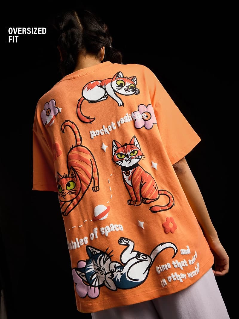 Women's Orange Casual Graphic Oversized Fit Tshirt