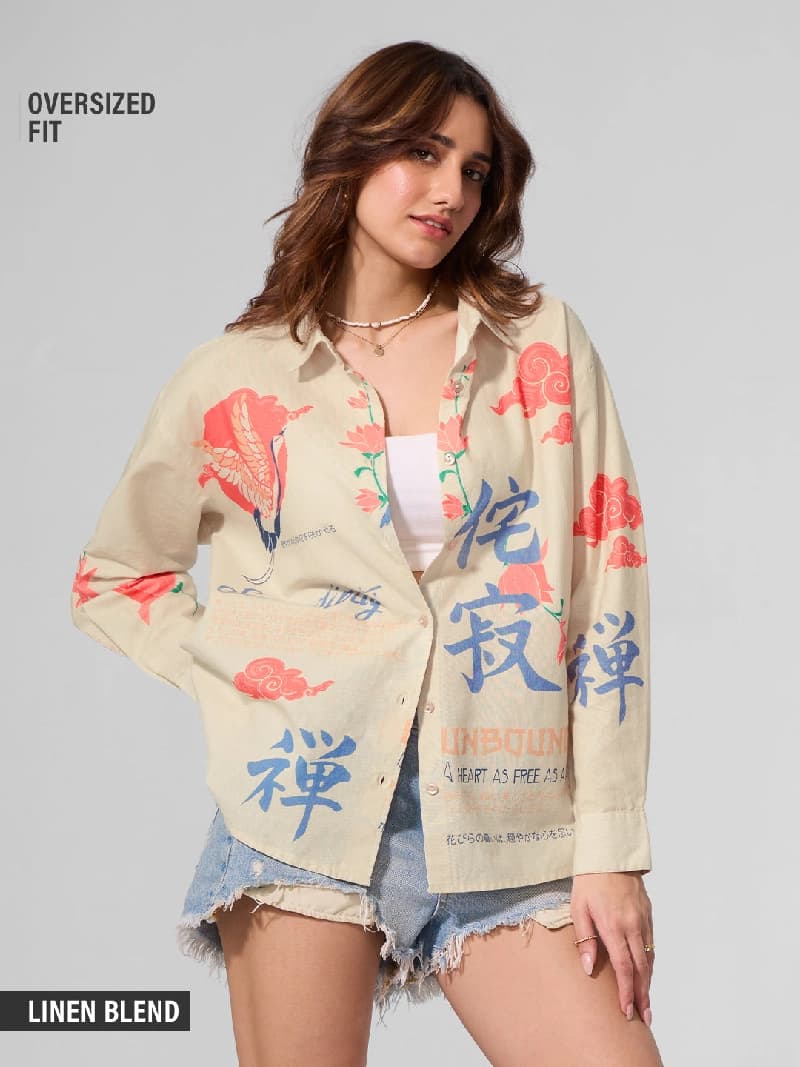 Women's Cream Casual Floral Oversized Fit Shirt