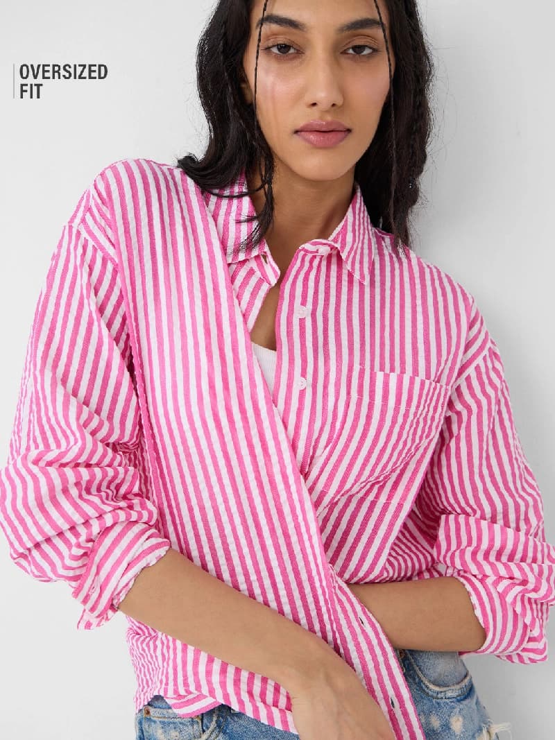 Women's Pink Casual Striped Oversized Fit Shirt
