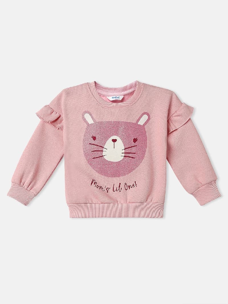Girls Cat Print Full Sleeves Fleece Sweatshirt