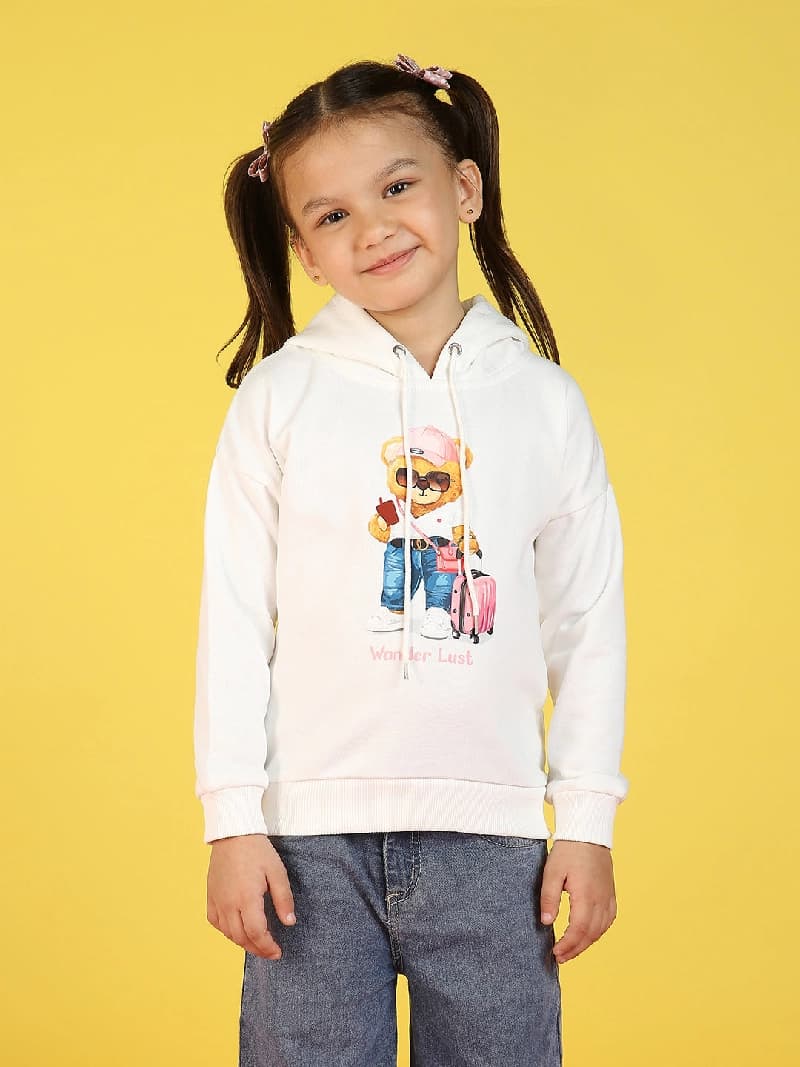 Girls White Casual Graphic Hoodie