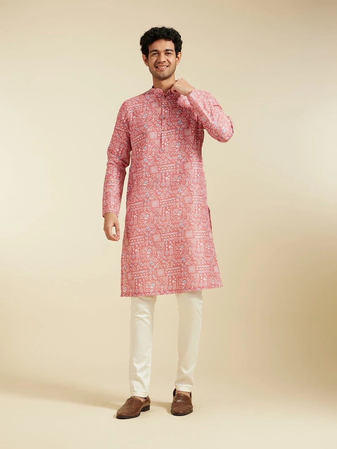 Men's Pink Festive Floral Cotton Kurta