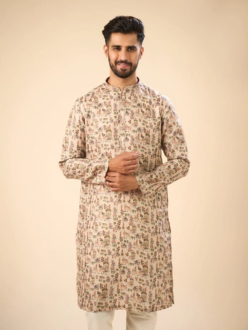 Men's Beige Festive Floral Kurta