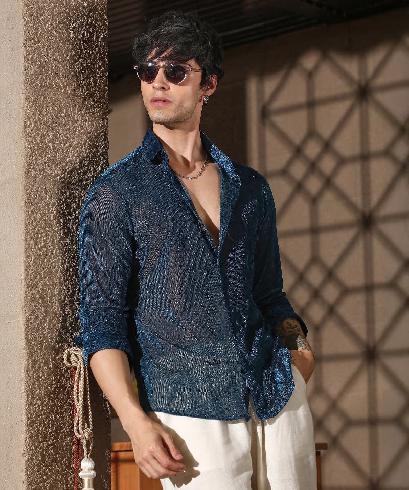 Men's Blue Casual Solid Shirt