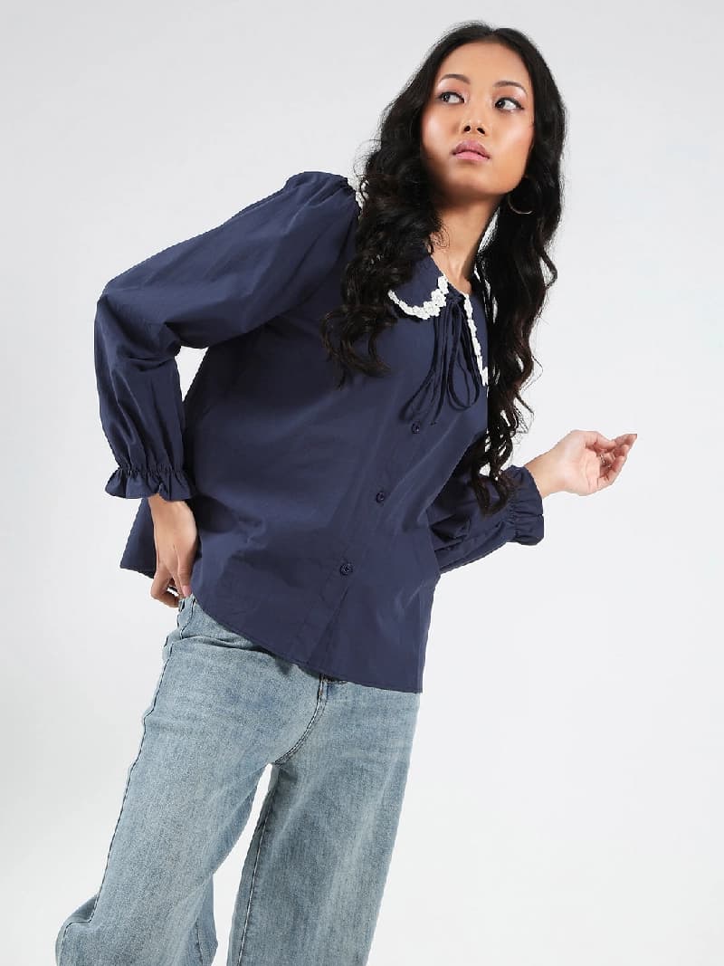 Women's Navy Casual Solid Oversized Fit Shirt