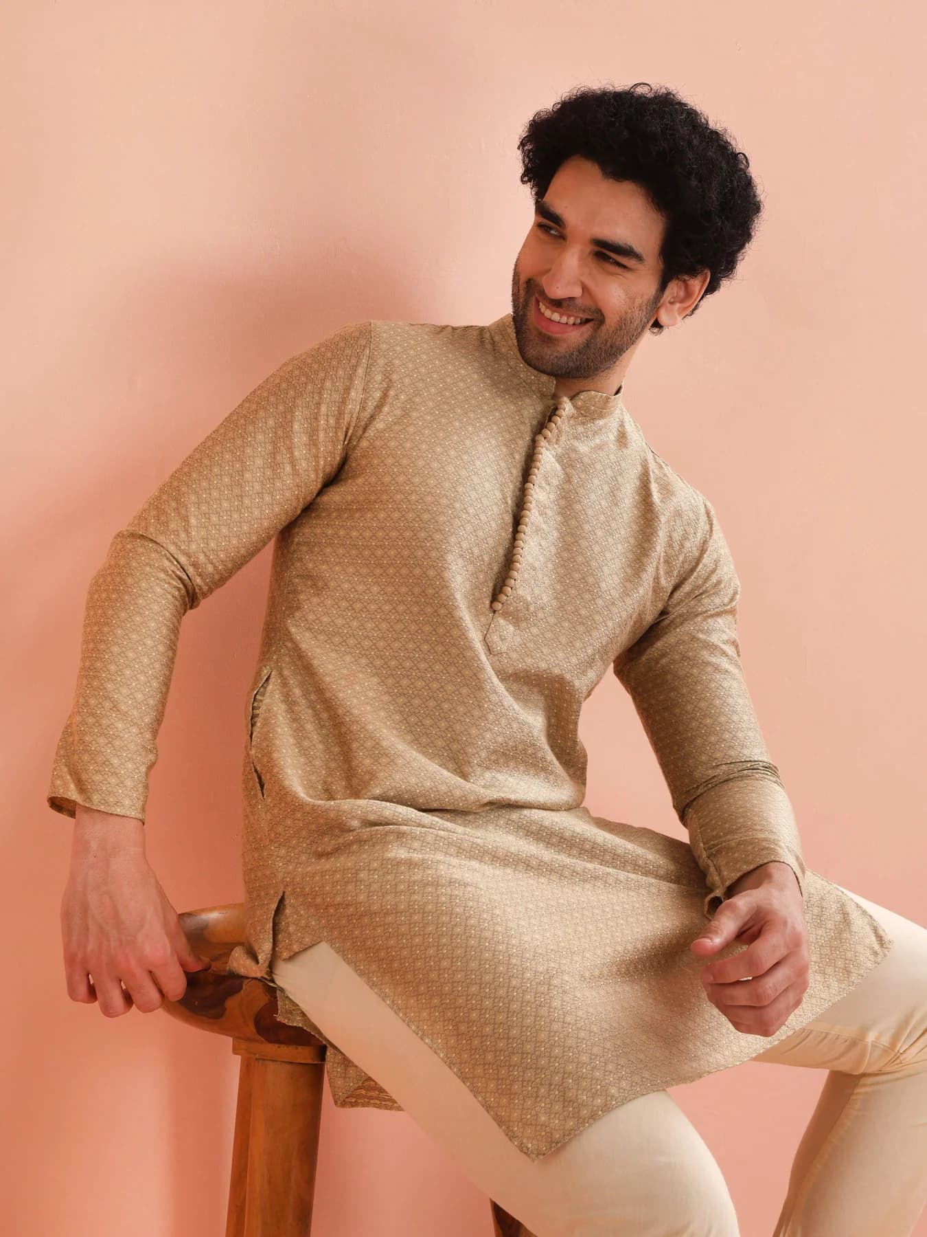 Men's Beige Festive Textured Regular Fit Silk Kurta