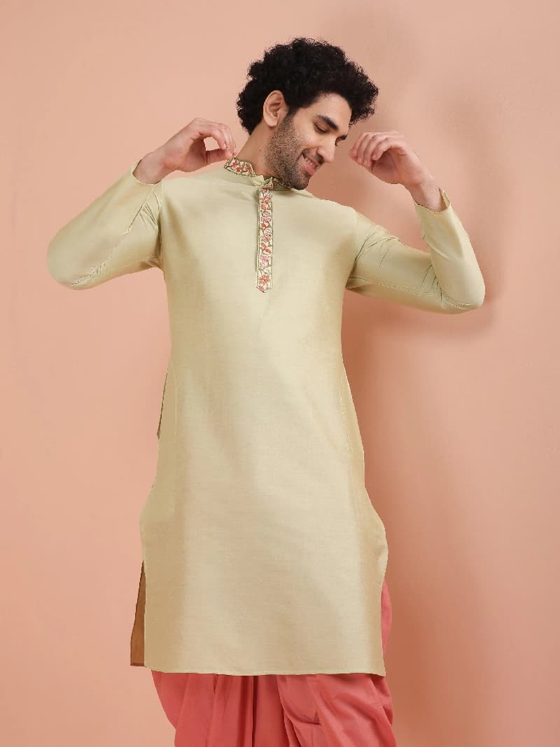Men's Beige Festive Solid Regular Fit Kurta