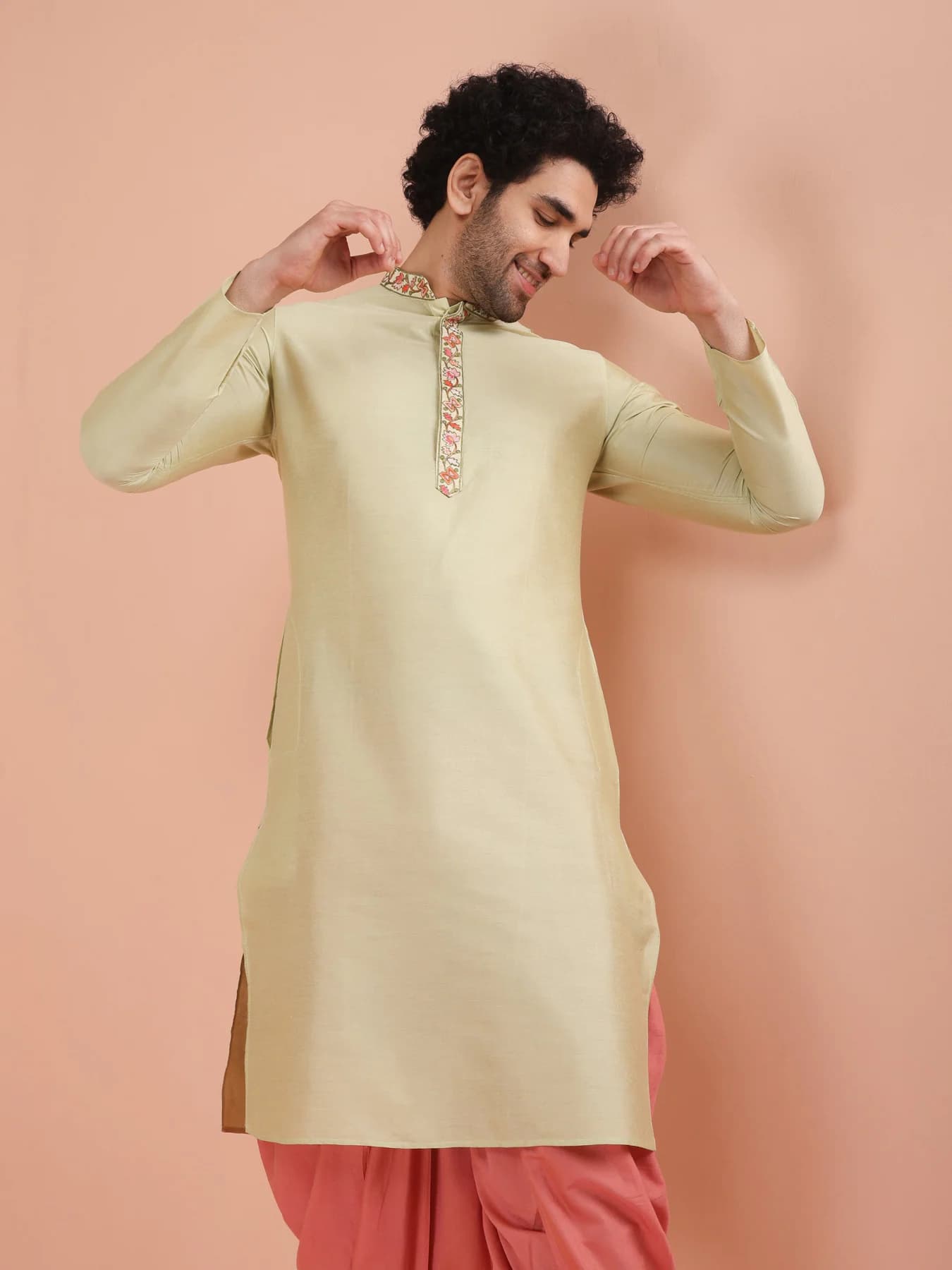 Men's Beige Festive Solid Regular Fit Cotton Kurta