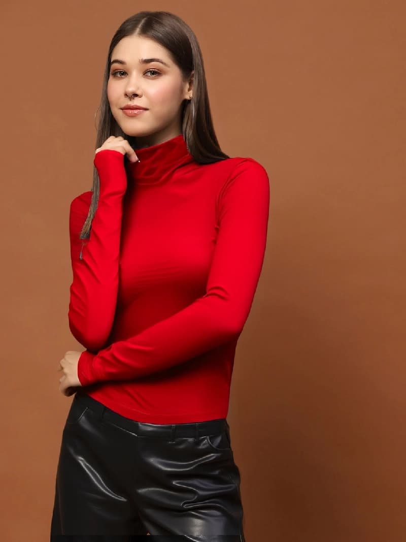 Women's Red Casual Solid Regular Fit Top