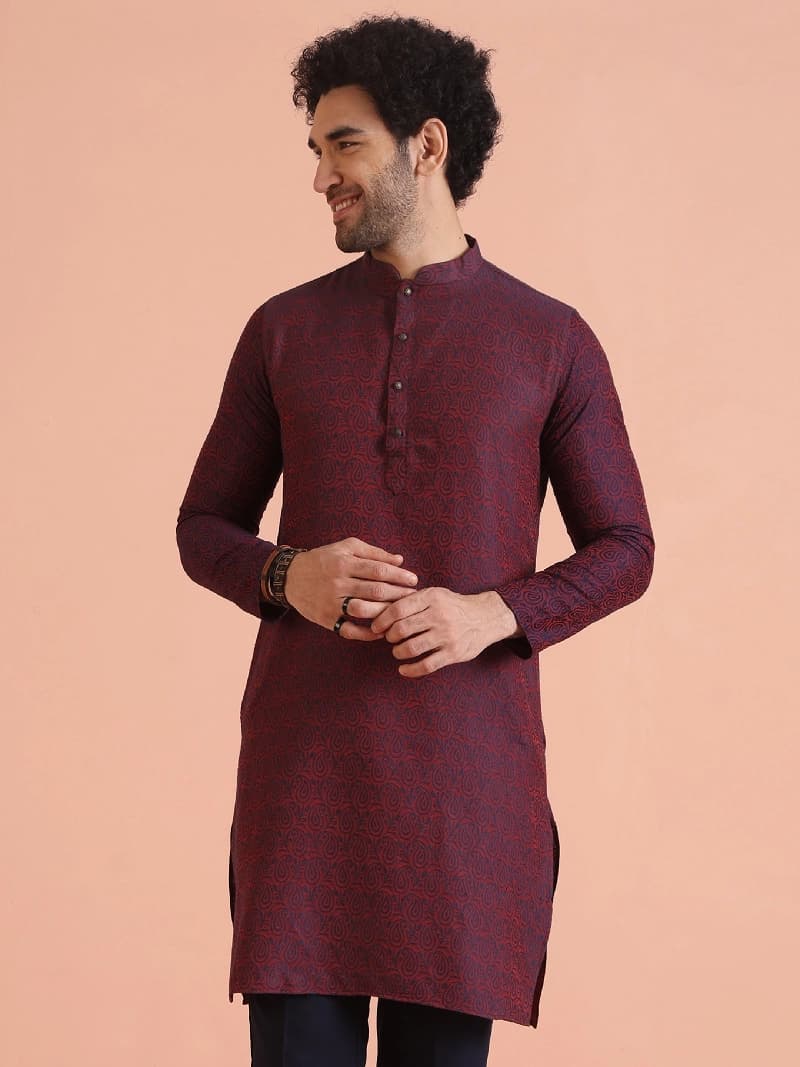 Men's Red Festive Textured Regular Fit Kurta