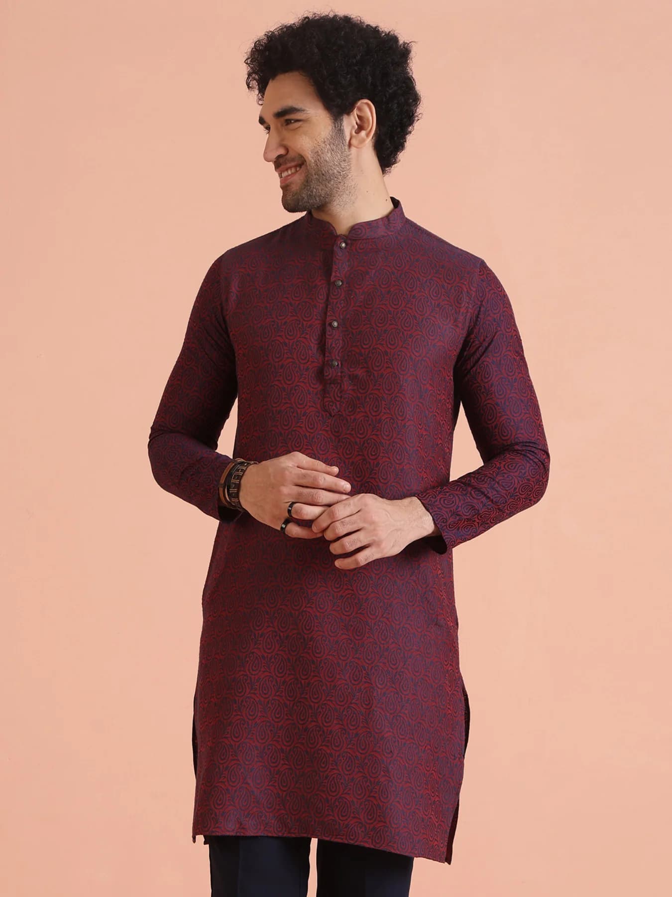 Men's Red Festive Textured Regular Fit Silk Kurta