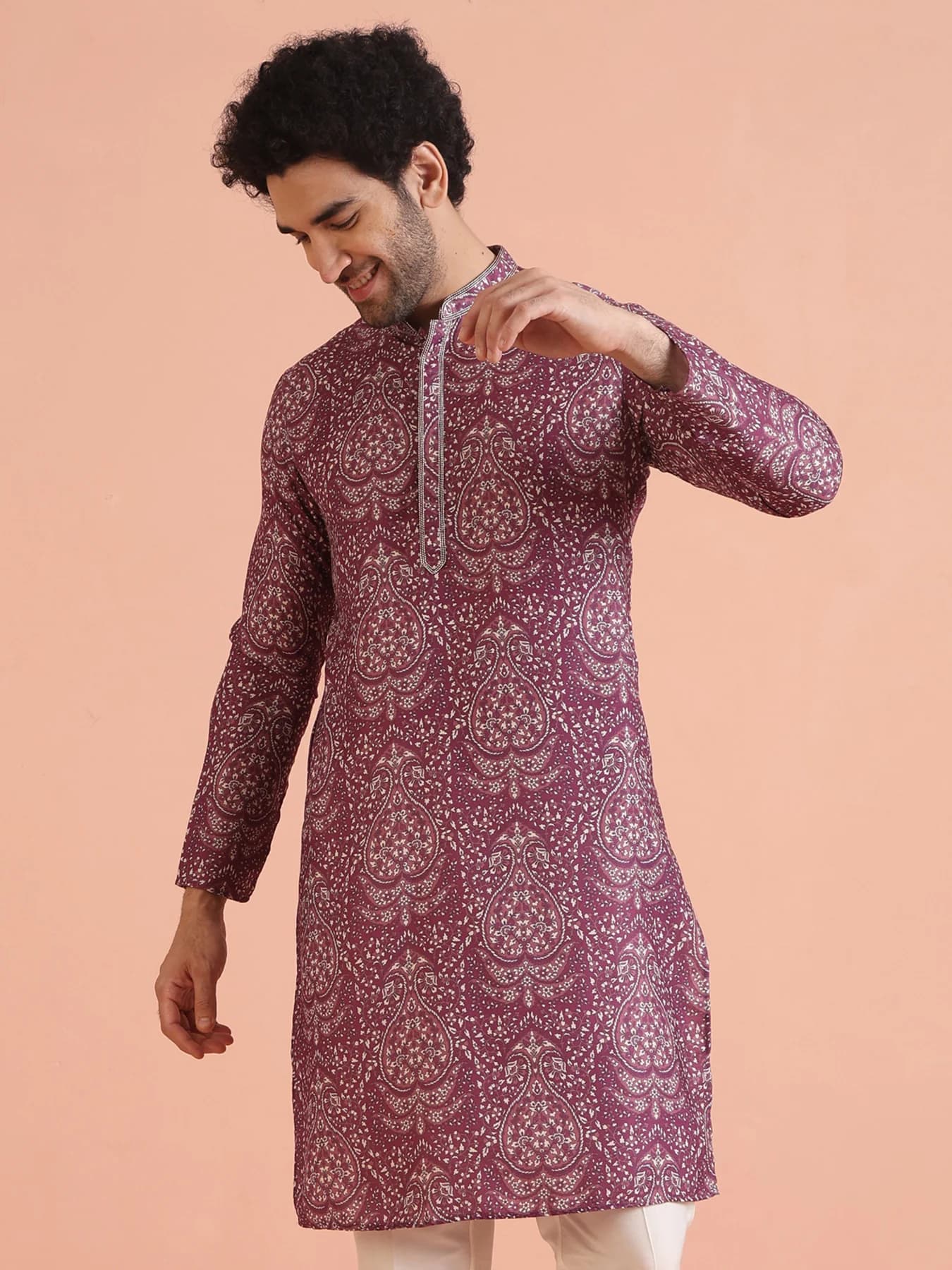 Men's Red Festive Printed Regular Fit Cotton Kurta