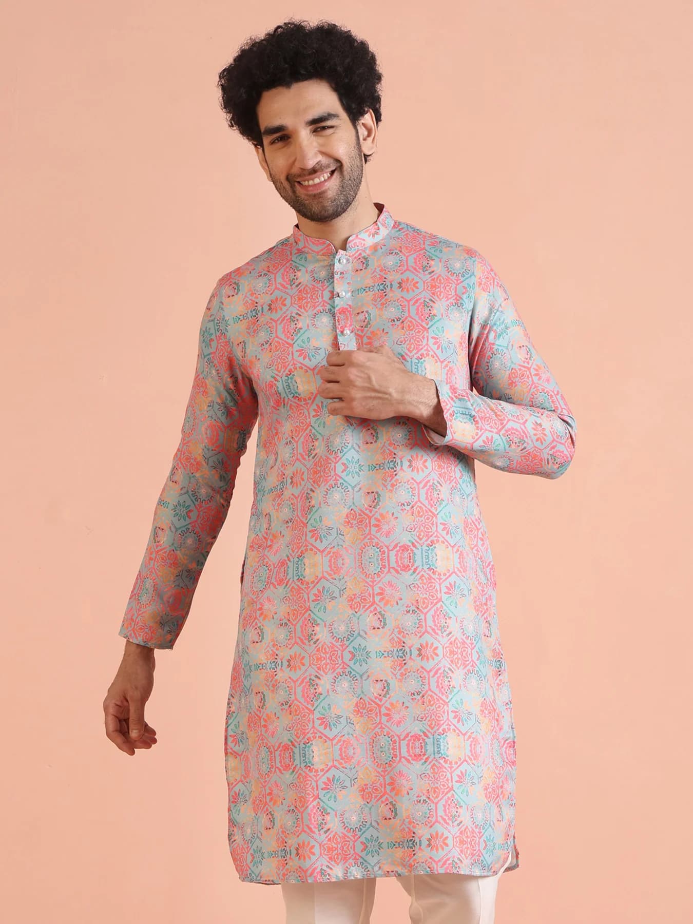 Men's Multicolor Festive Printed Regular Fit Cotton Kurta
