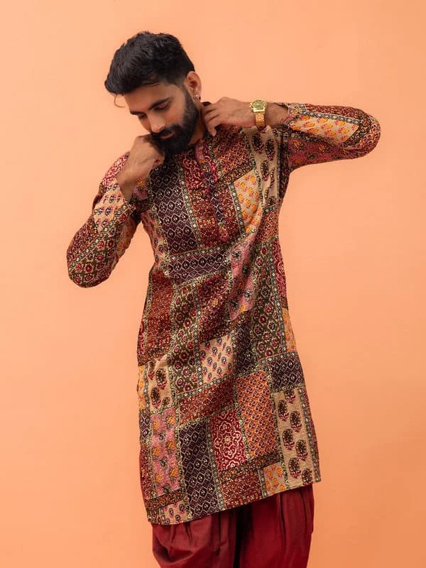 Men's Multicolor Festive Printed Regular Fit Cotton Kurta