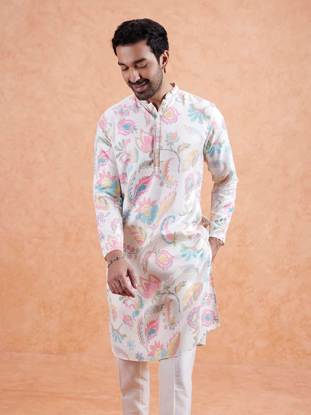 Men's White Festive Printed Regular Fit Cotton Kurta