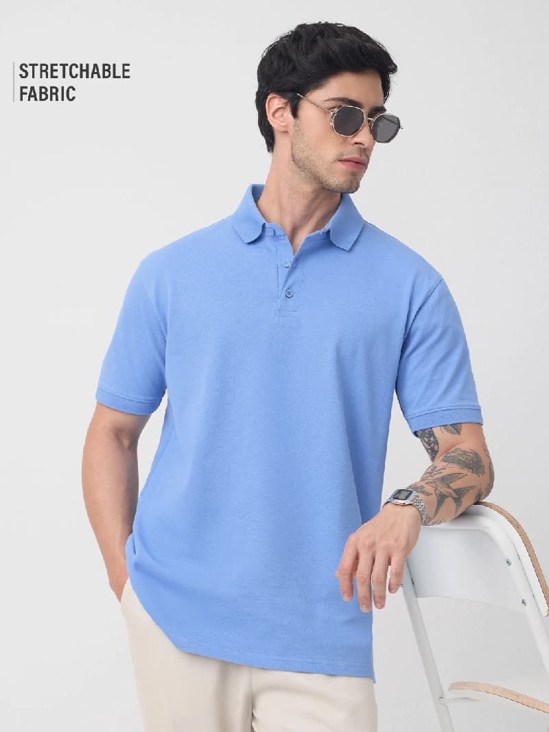 Men's Blue Casual Graphic Oversized Fit Polo Tshirt
