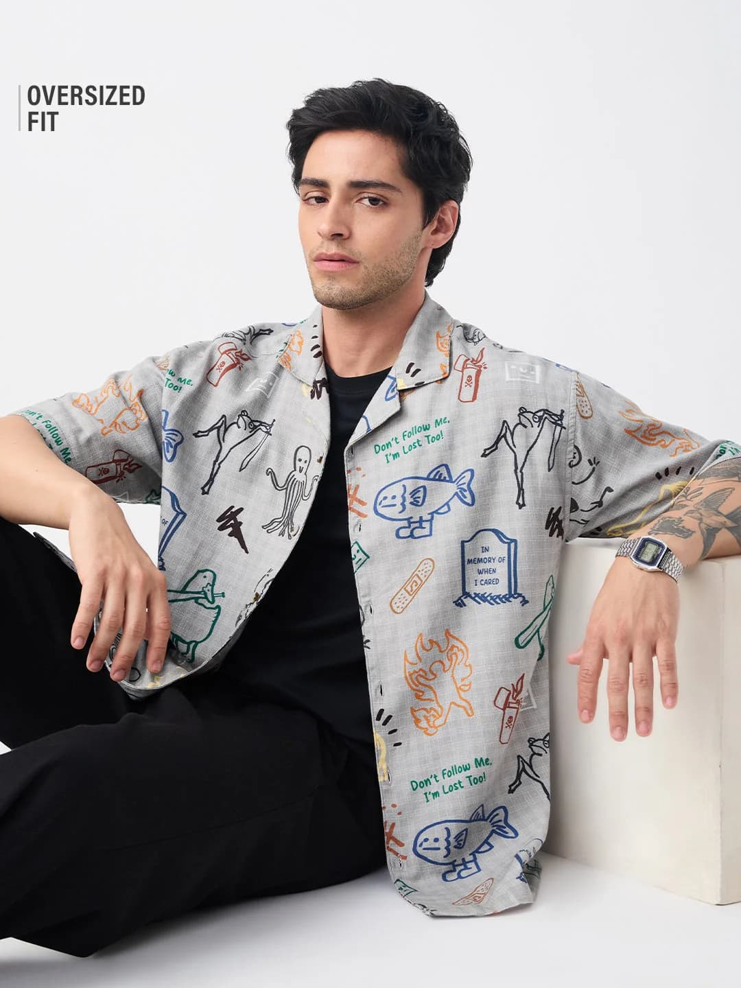 Men's Grey Casual Oversized Fit Cotton Shirt