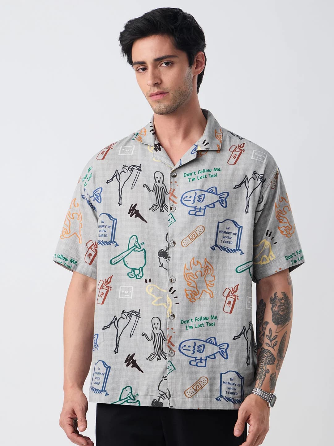 Men's Grey Casual Oversized Fit Cotton Shirt