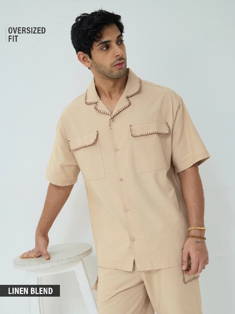 Men's Beige Casual Oversized Fit Cotton Shirt