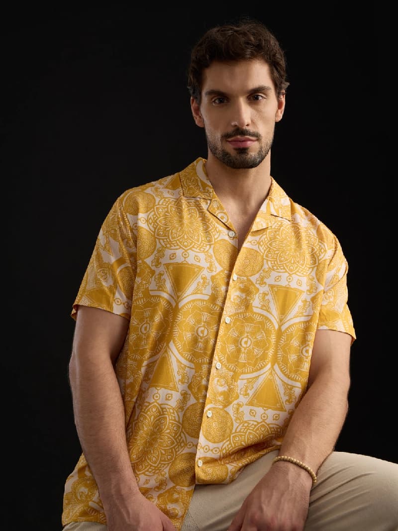Men's Yellow Casual Graphic Regular Fit Shirt