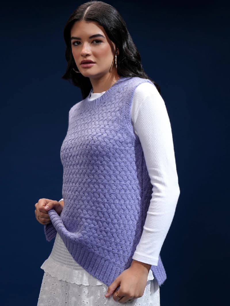 Women's Purple Casual Striped Regular Fit Sweater