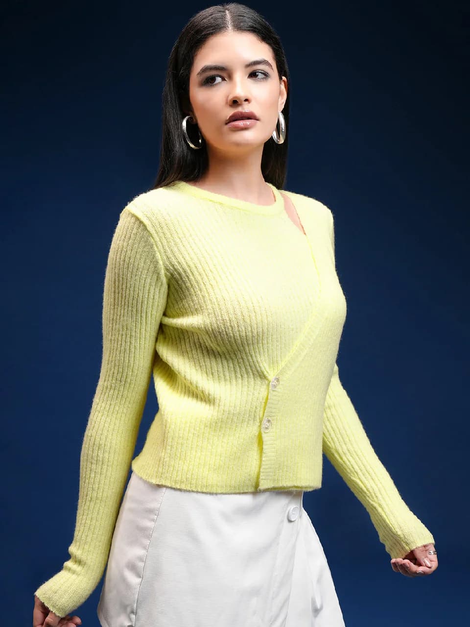 Women's Yellow Casual Self-Design Slim Fit Sweater