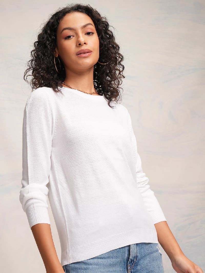 Women's White Casual Solid Regular Fit Sweater