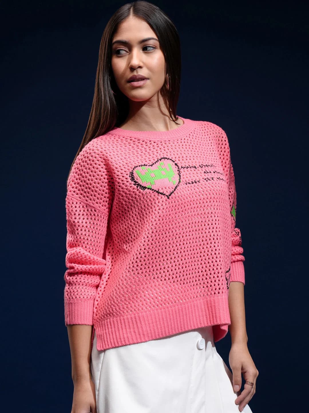 Women's Pink Casual Striped Oversized Fit Sweater
