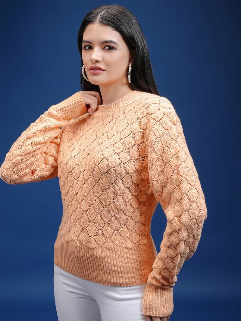 Women's Orange Casual Self-Design Regular Fit Sweater